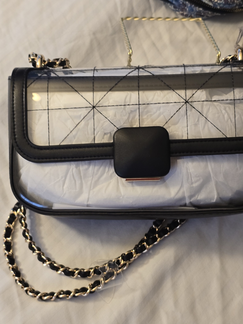 Clear Quilted Crossbody Bag with Black Trim and Gold Chain